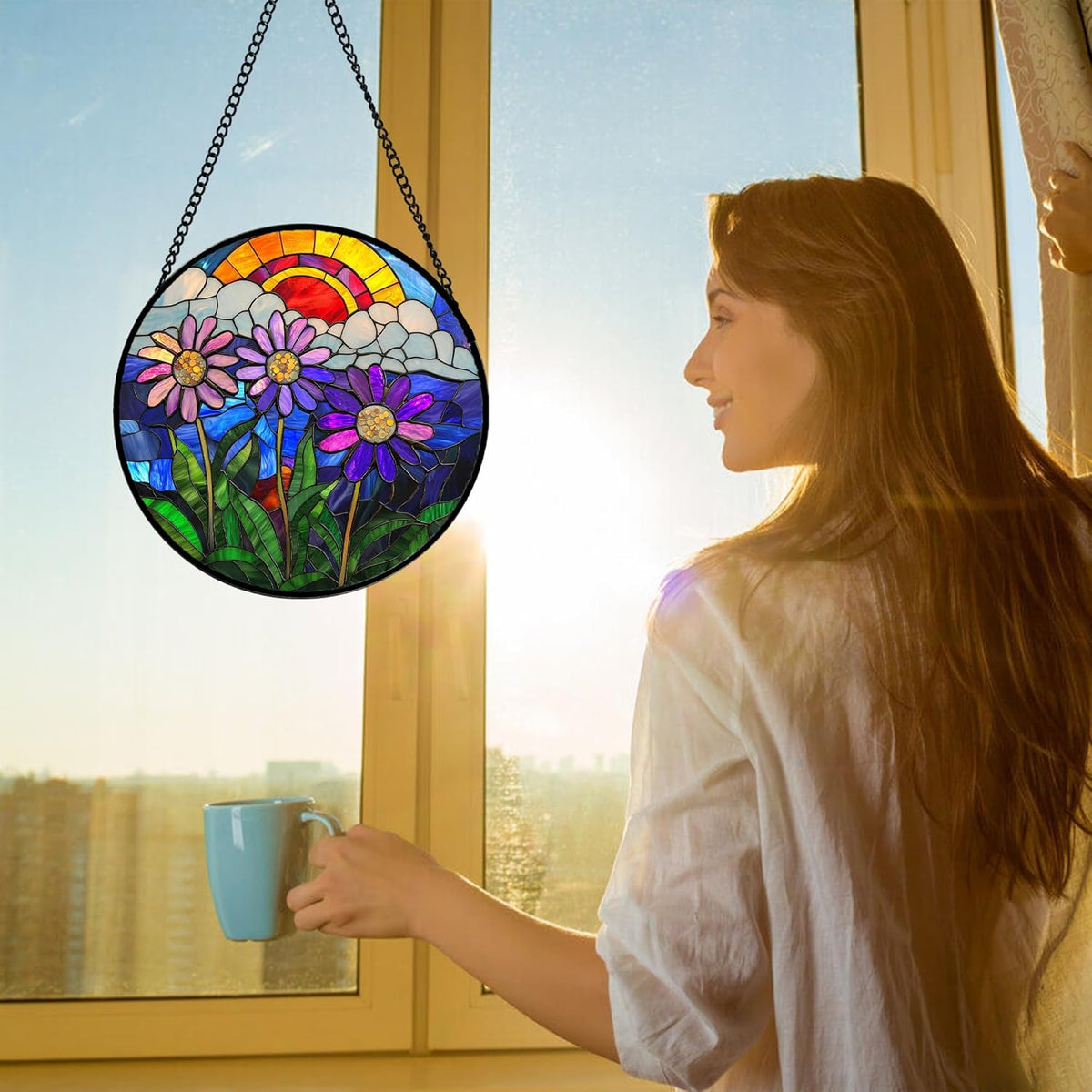 Stained Glass Window Hanging, Butterfly and Sunflowers Sun Catchers Glass Panel Plant Insects