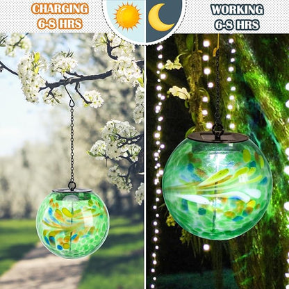 Solar Hanging Lanterns Outdoor Solar Glaze Glass Lantern Globe Hanging Outdoor Lights for Garden