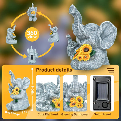 Elephant Gifts for Women, Solor Garden Statue, Elephant and Sunflower Figurine with Lights, Outdoor