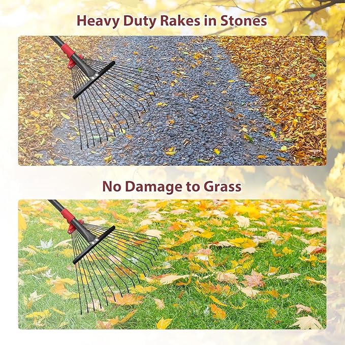 91 Inch Rake for Leaves , Adjustable 18 Tines with Expandable Head 9-18in Grass Rake Heavy Duty