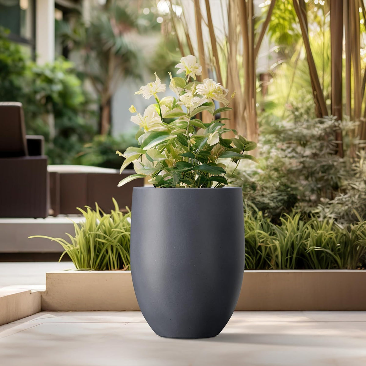 Kante 21.7" H Dark Gray Concrete Tall Planter, Large Outdoor Indoor Decorative Pot with Drainage