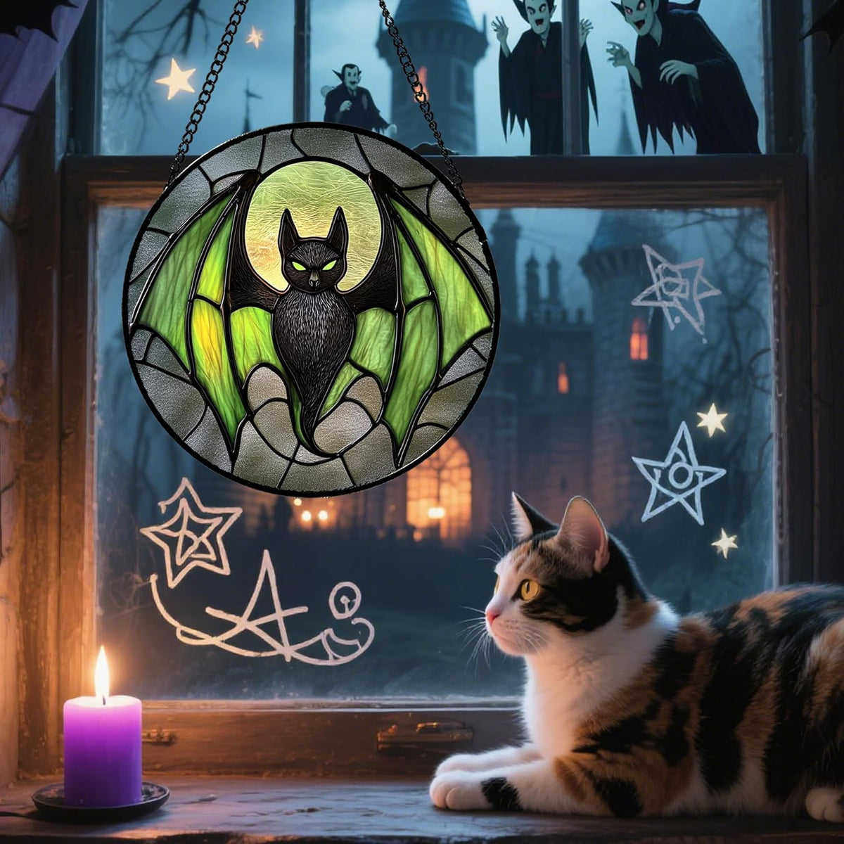 Stained Glass Window Hanging - Halloween Black Bat Green Wings Monster Suncatcher for Doors Garden