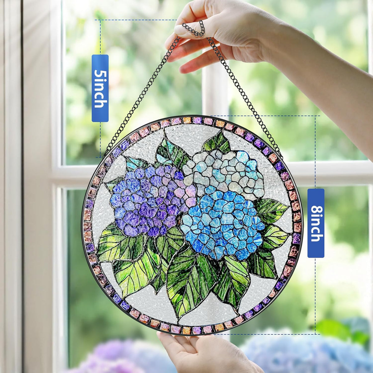 8-Inch Stained Glass Ornament, Stained Glass Window Hanging, Window Hanging Decor Suncatcher, Blue