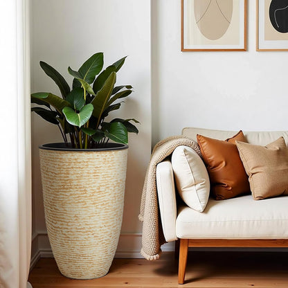 WORTH Garden 2-Pack 21" H. Beige Tall Planters with Inside Pots - 14'' Dia Plastic Large Round