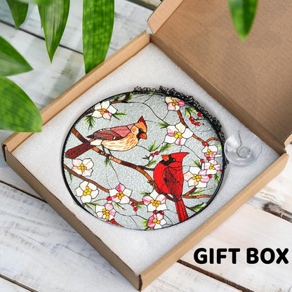 7.8" Cardinal Bird Stained Glass Suncatchers Art Glass Birds and Flowers for Sun Catcher Indoor