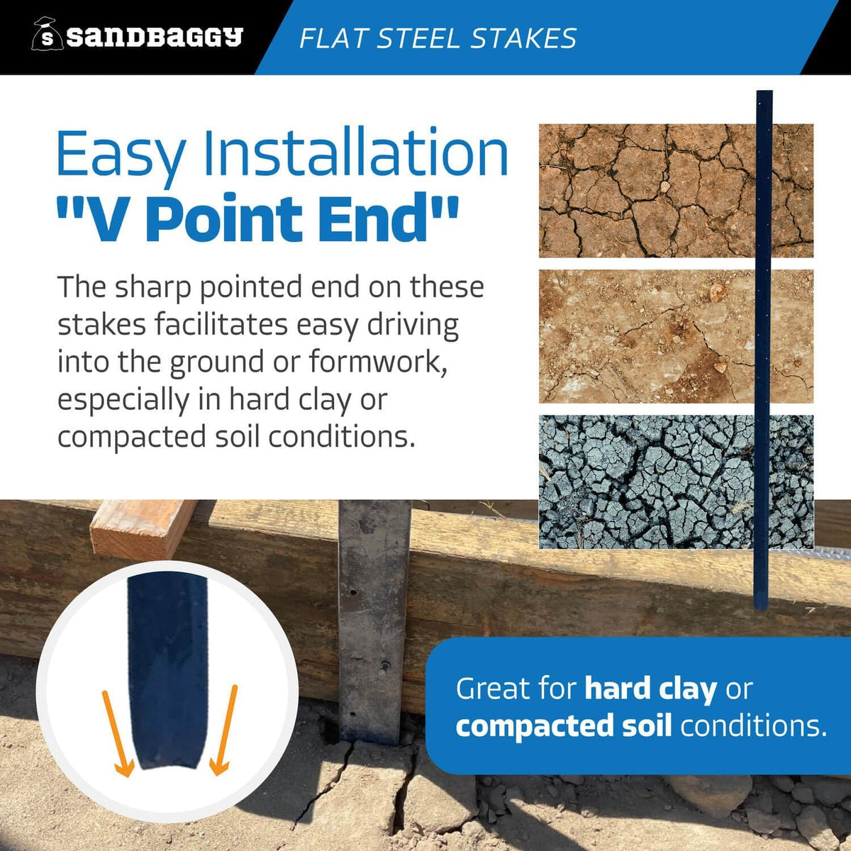 Sandbaggy Flat Steel Stakes for Concrete Forms with Nail Holes - 1.5" Wide - Painted - Removable