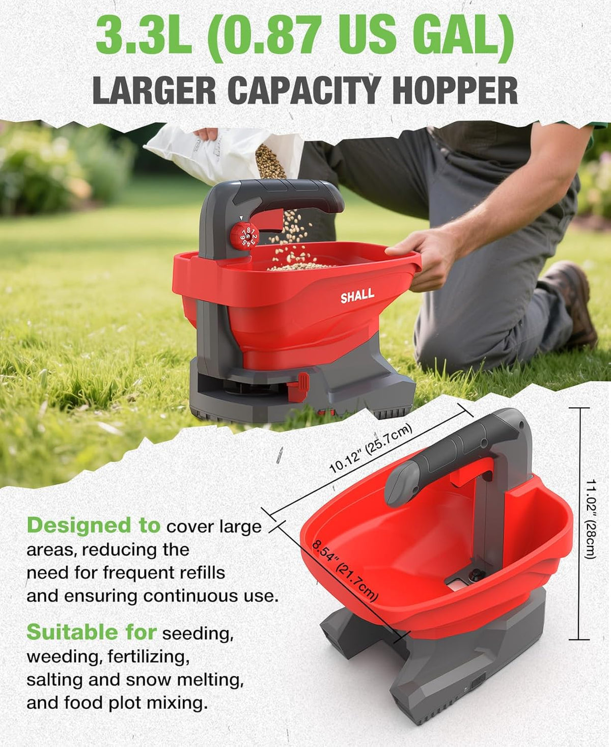 SHALL Battery Powered Fertilizer Spreader, 7.2V Rechargeable Seed Spreader for Salt, De-Icer, Earth