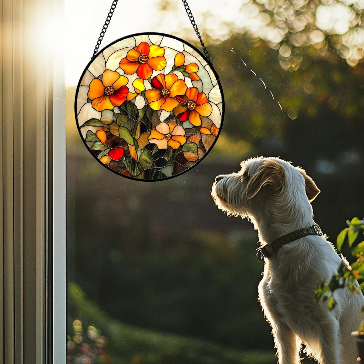 Stained Glass Window Hanging - Orange Marigolds Flowers Suncatcher for Door Garden Yard Sun