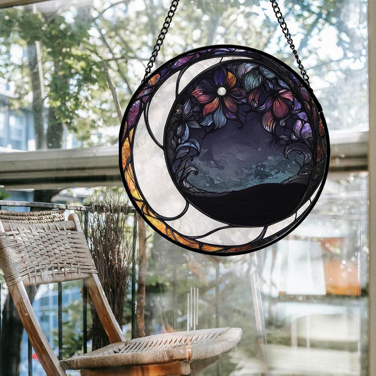 Stained Glass Window Hanging - Black and White Moon Sun Catcher for Door Terrace Garden Home Decor