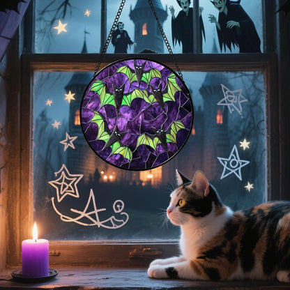 Stained Glass Window Hanging - Halloween Decorations Black Bat with Green Wings Suncatcher for