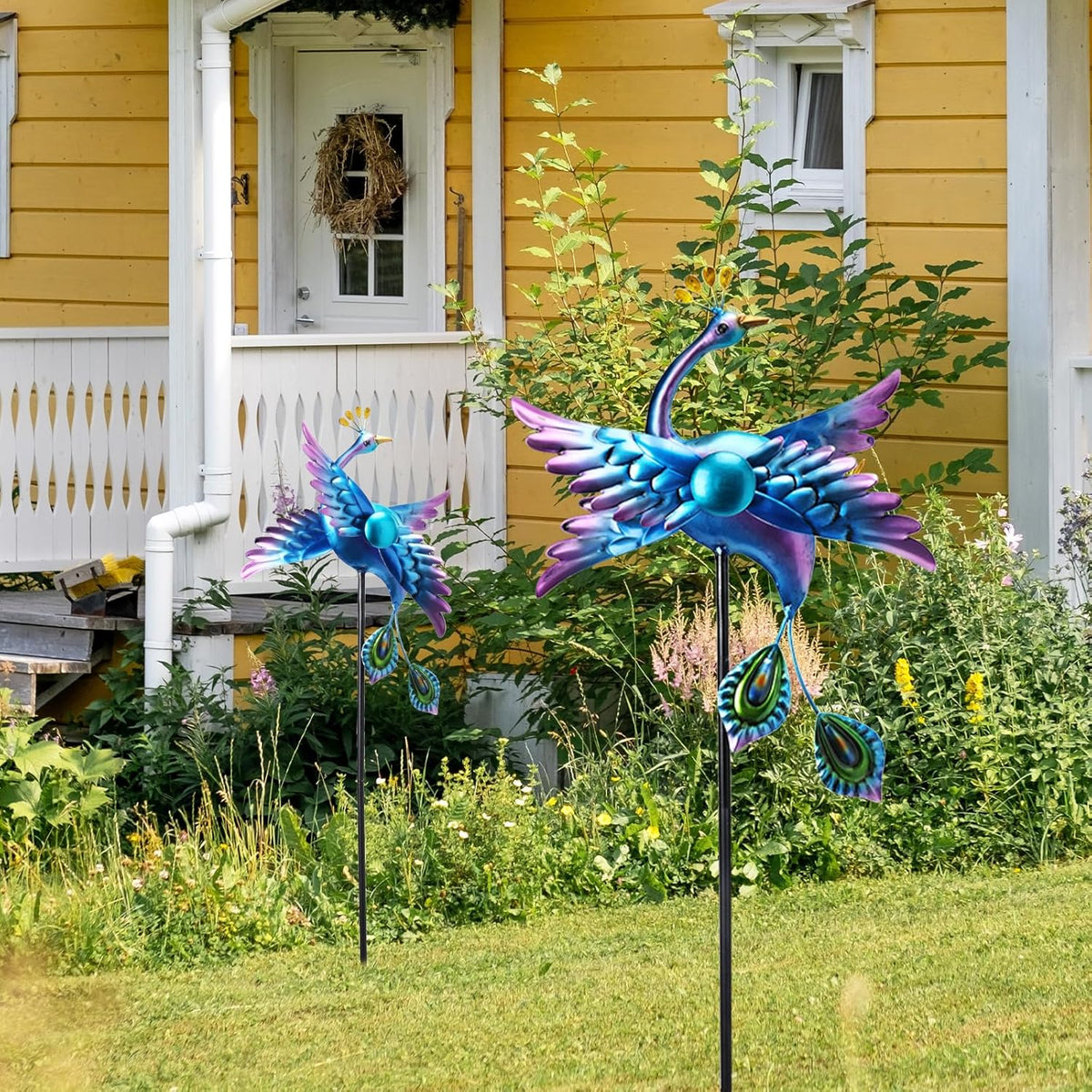 WONDER GARDEN Wind Spinners Outdoor - 2 Pack Small Metal Blue Peacock Wind Spinner Windmill, Wind