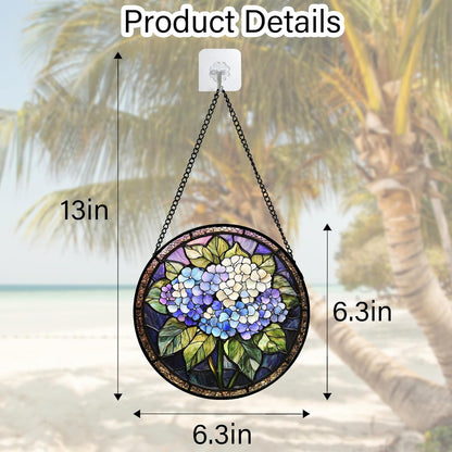 Stained Glass Window Hanging, Hydrangea Flowers Sun Catchers Diamond Glass Panel Hangings Plant