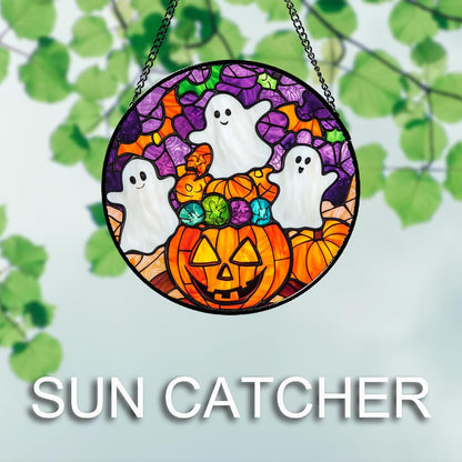 Stained Glass Window Hanging Halloween Horror Pumpkin White Ghost 7.8" - Suncatcher Door Garden
