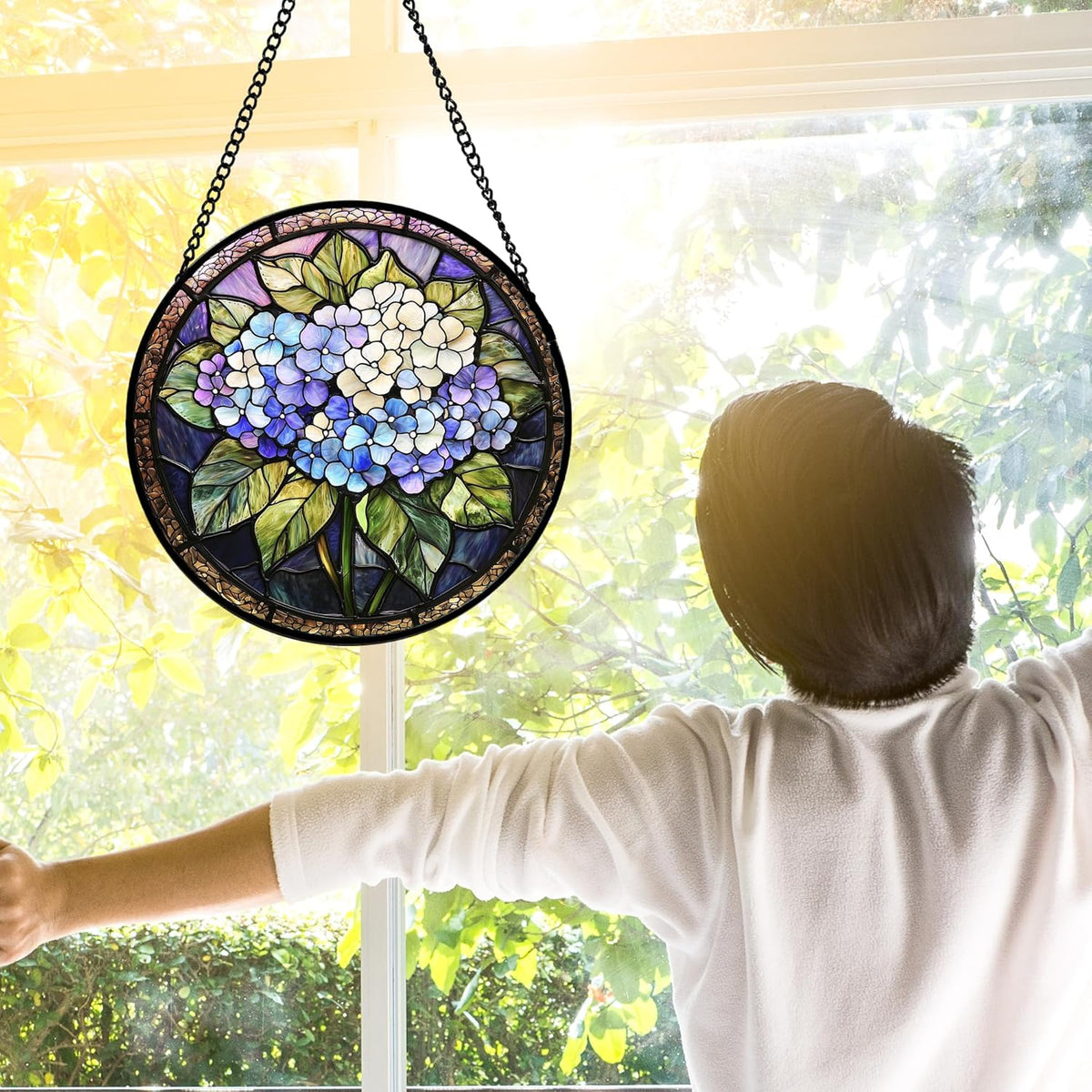 Stained Glass Window Hanging, Hydrangea Flowers Sun Catchers Diamond Glass Panel Hangings Plant