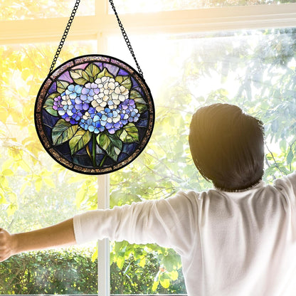 Stained Glass Window Hanging, Hydrangea Flowers Sun Catchers Diamond Glass Panel Hangings Plant