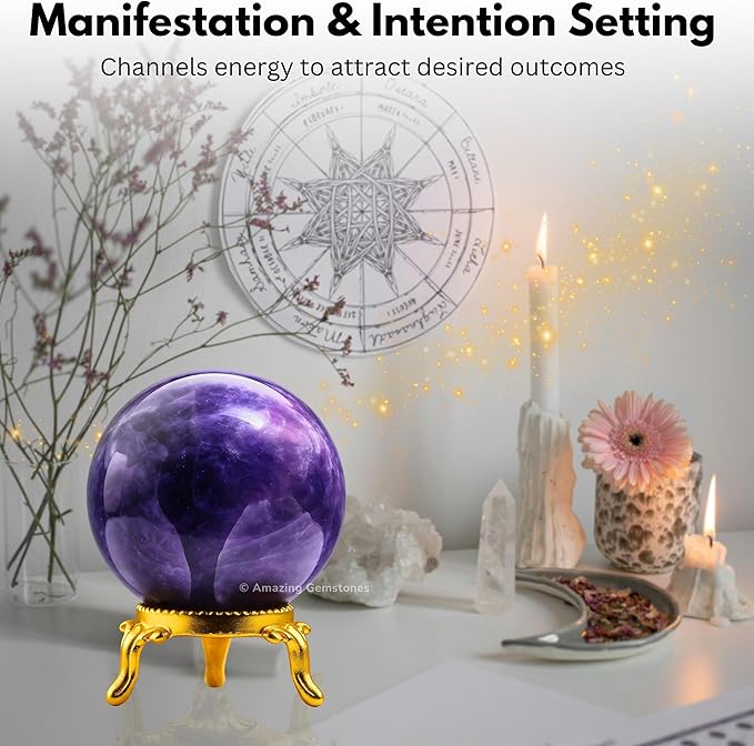 Amazing Gemstone Amethyst Crystal Ball with Stand - 2" Inches Crystal Sphere Meditation Balls for