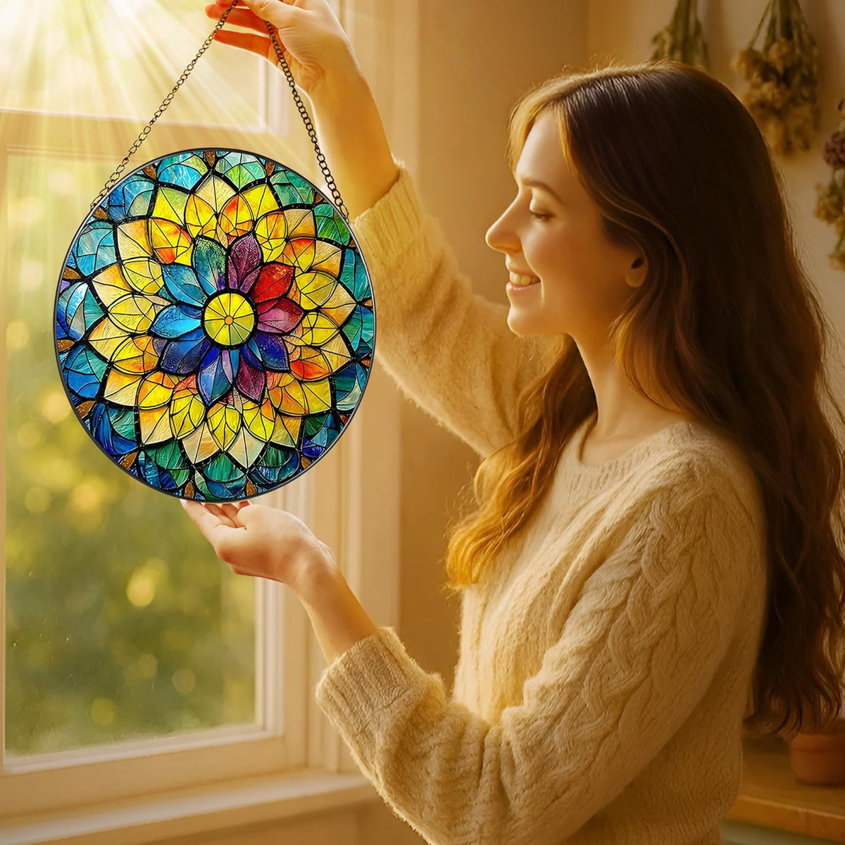 8'' Rainbow Mandala Sun Catcher Ornament, Stained Glass Window Hanging, Sun Catchers for Windows