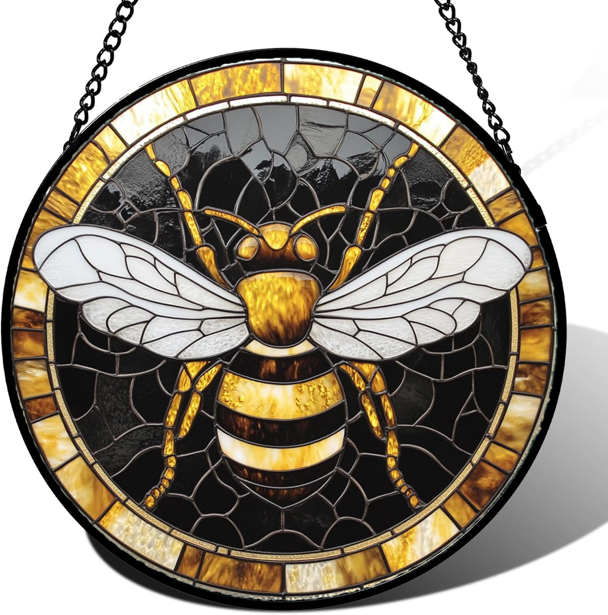 Stained Glass Window Hanging - Black Gold Bee White Wings Sun Catcher for Door Home Decor Insect