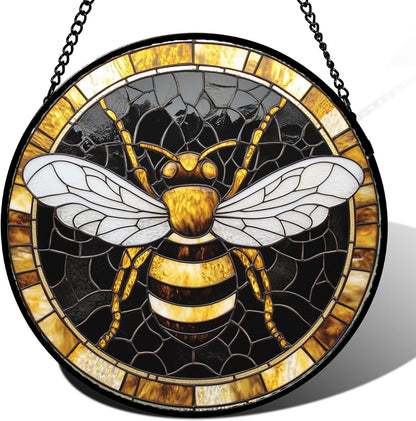 Stained Glass Window Hanging - Black Gold Bee White Wings Sun Catcher for Door Home Decor Insect