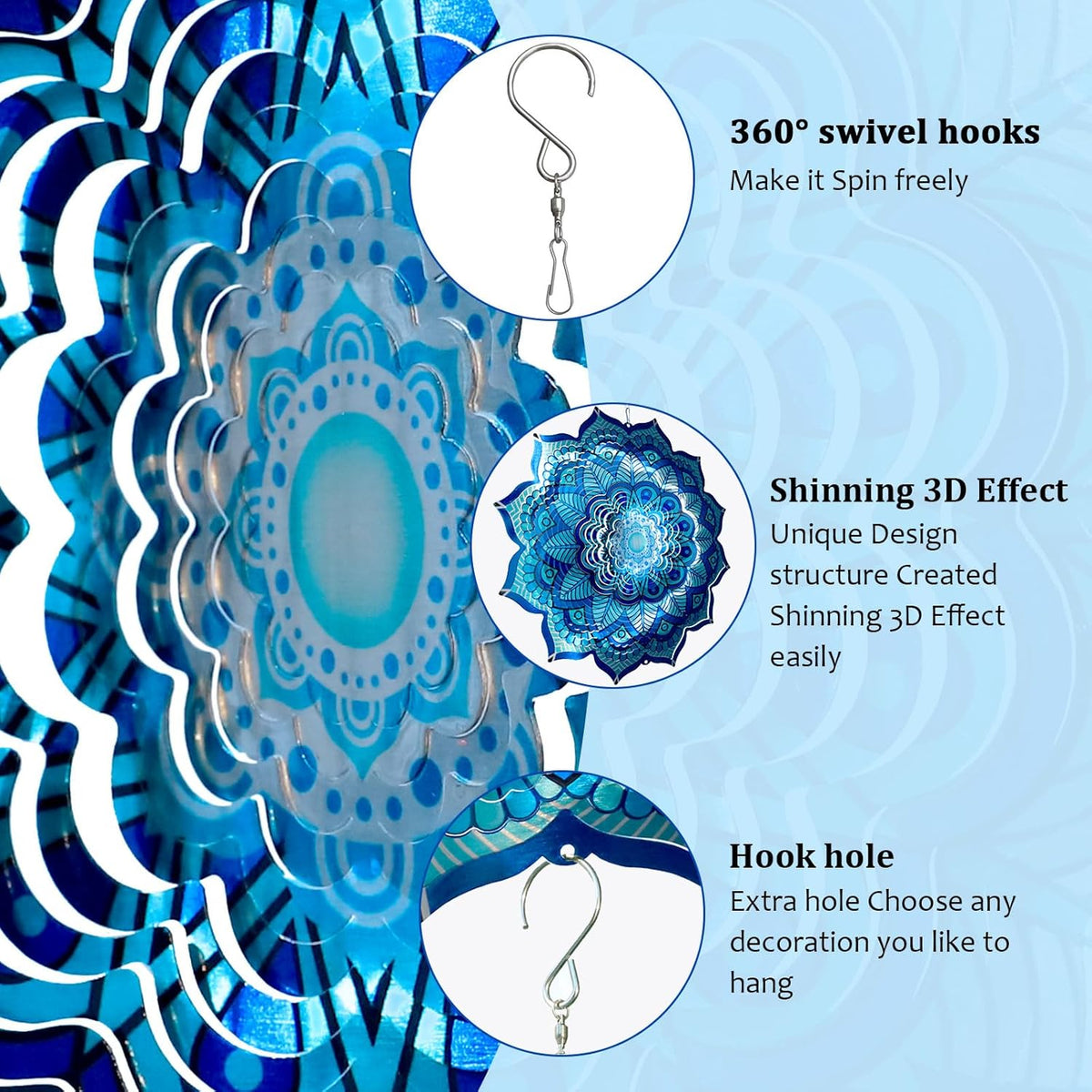 Goolyrusim Wind Spinner Mandala Rich Blue 12inch 3D Stainless Steel Wind Spinners Laser Cut Metal