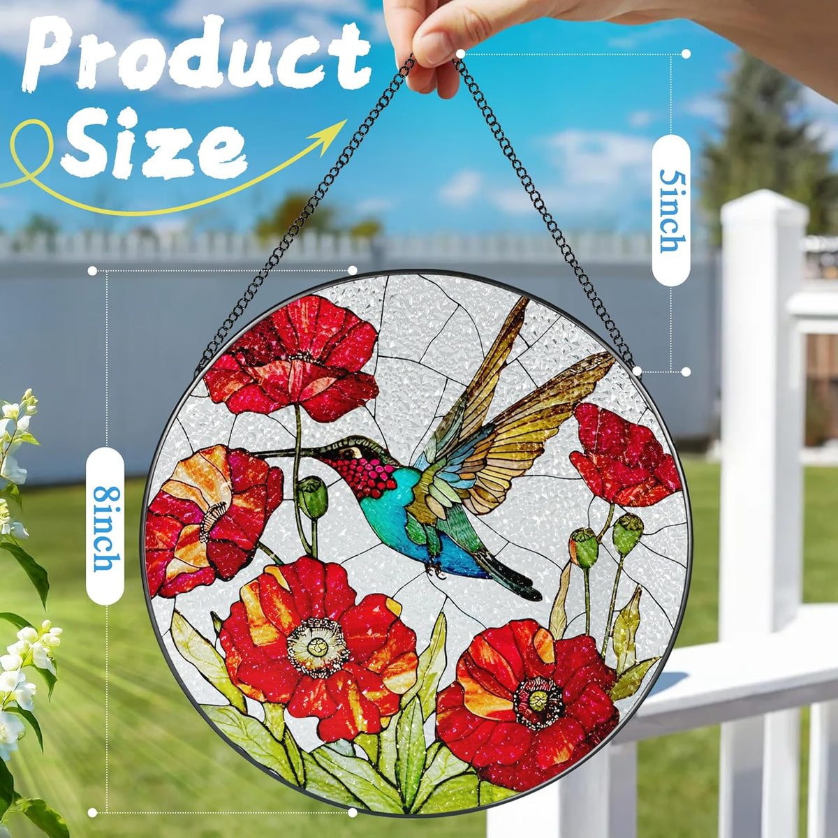 Stained Glass Window Hanging, 8 Inch Hummingbird Stained Glass Suncatcher, Sun Catcher Indoor