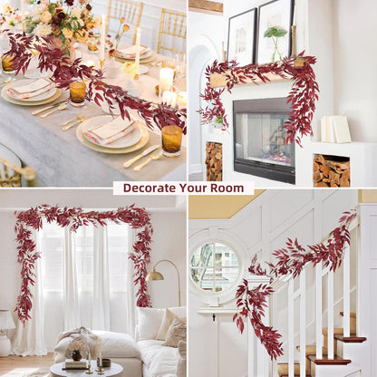 RECUTMS Artificial Hanging Willow Leaves Vine Twigs 2Pcs 5.7Ft Fake Silk Burgundy Leaf Ivy Fall