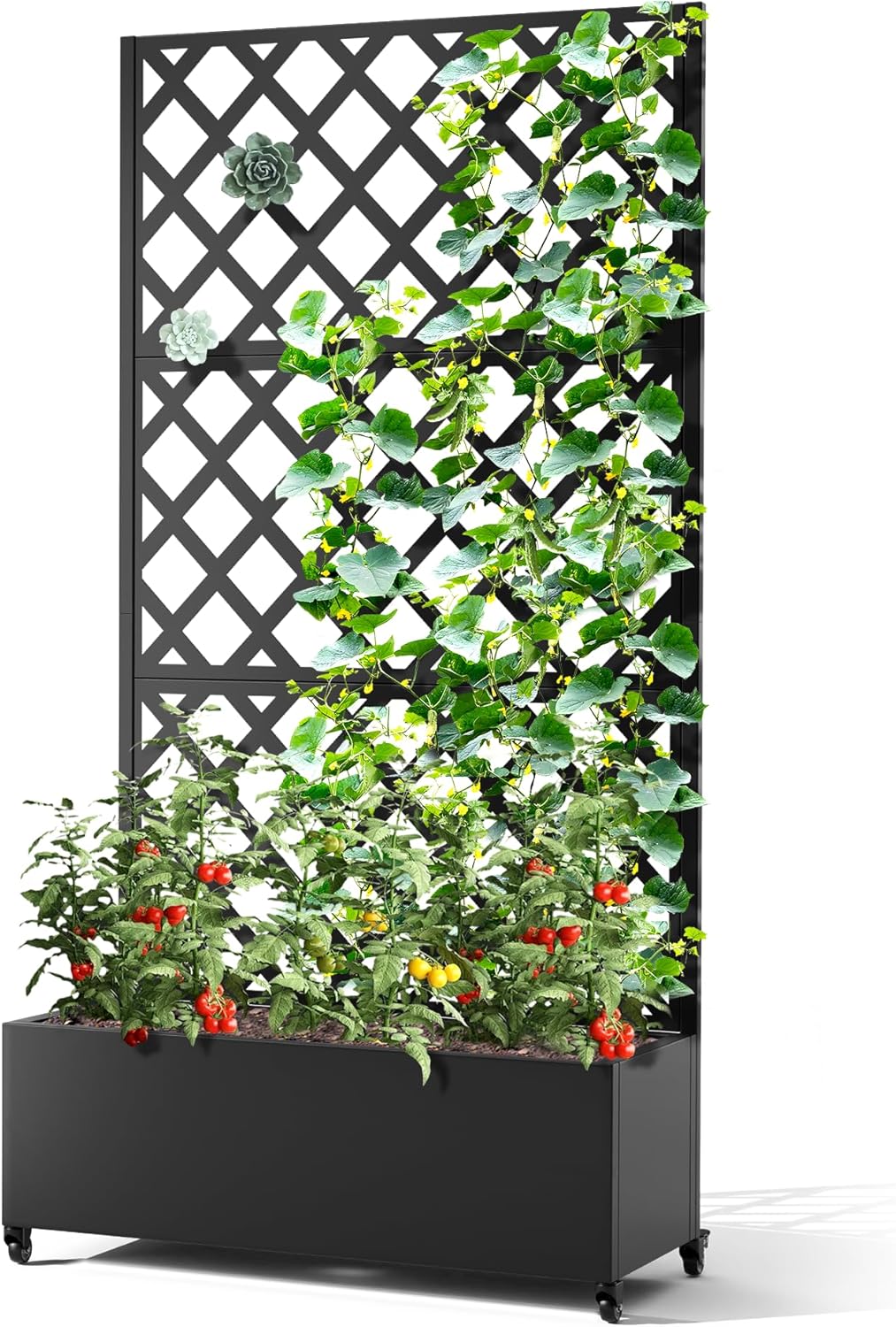 Metal Planter Box with Trellis & Wheels, Raised Garden Bed with Privacy Screen, Outdoor Standing