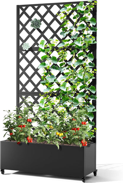 Metal Planter Box with Trellis & Wheels, Raised Garden Bed with Privacy Screen, Outdoor Standing