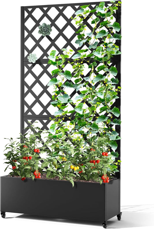 Metal Planter Box with Trellis & Wheels, Raised Garden Bed with Privacy Screen, Outdoor Standing