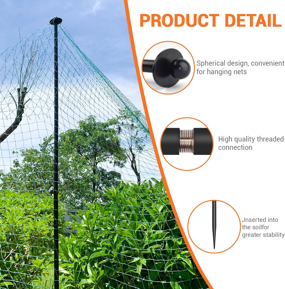 6 Sets Garden Stake Netting Support, Heavy Duty Metal Garden Poles for Netting, Powder Coated