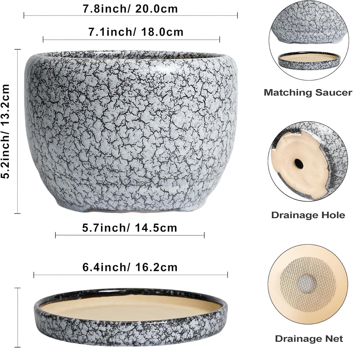 SQOWL 8 inch Plant Pot - Ceramic Planter with Drainage Hole and Saucer, Round Flower Pot for Indoor