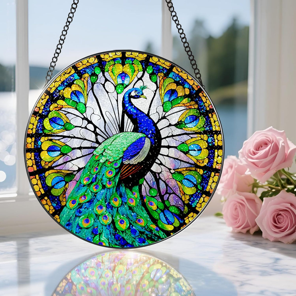 8 Inch Stained Glass Suncatcher Ornament, DOUHASU Peacock Sun Catchers Indoor Window, Stained Glass