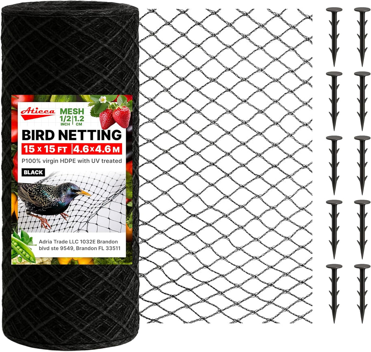 Heavy Duty Bird Netting for Garden Protection & Fruit Trees, 15x15 Ft with 10 Stakes – Black
