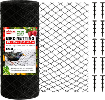 Heavy Duty Bird Netting for Garden Protection & Fruit Trees, 15x15 Ft with 10 Stakes – Black