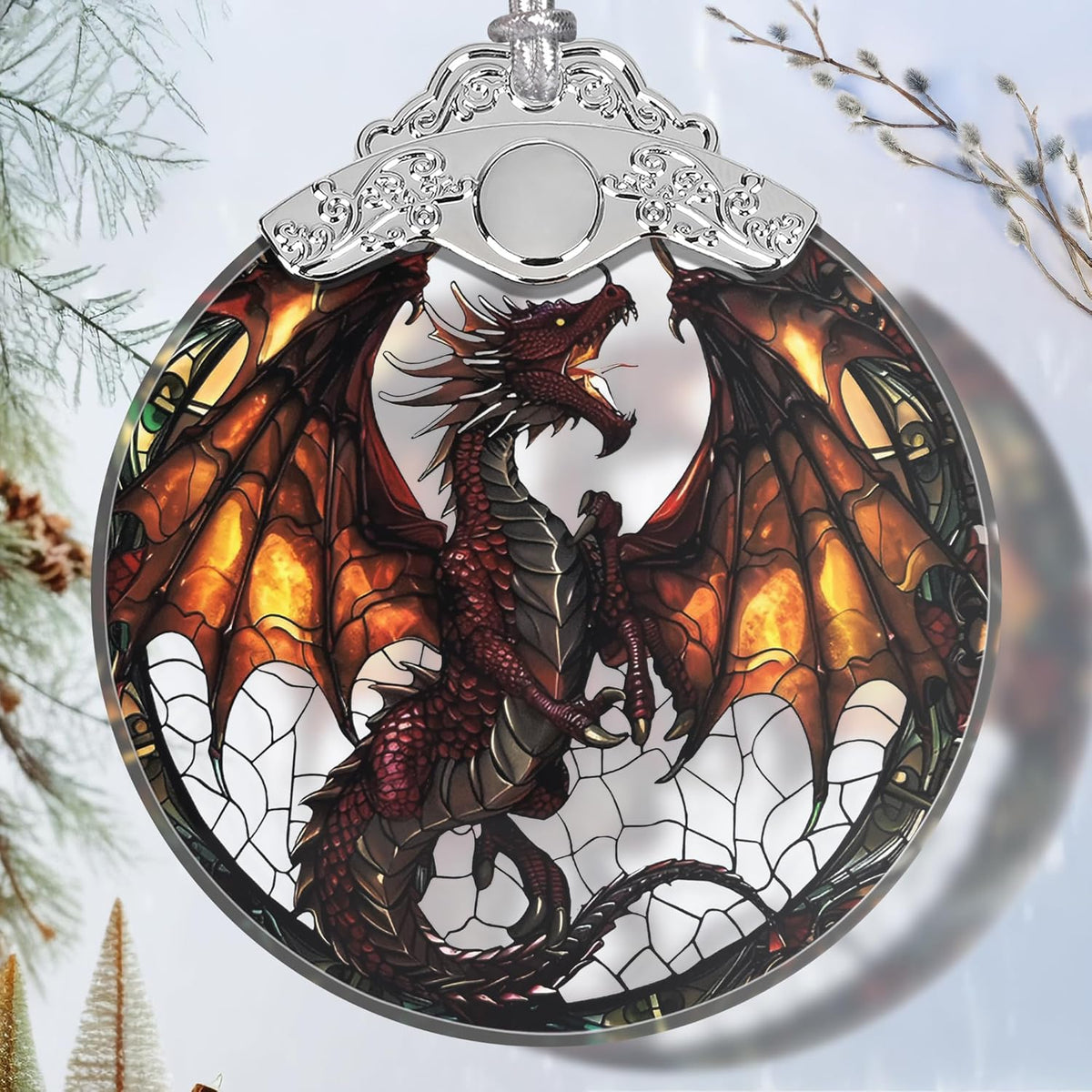 Stained Glass Flying Dragon Christmas Ornament - Holiday Home Decor - Tree Decoration - Gift