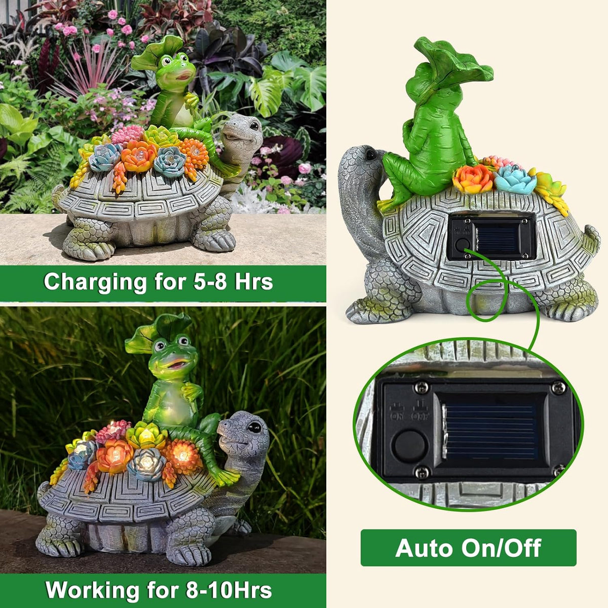 ILLUMINEW Solar Garden Outdoor Statues Turtle& Frog with Succulent and 8 LED Lights, Turtle