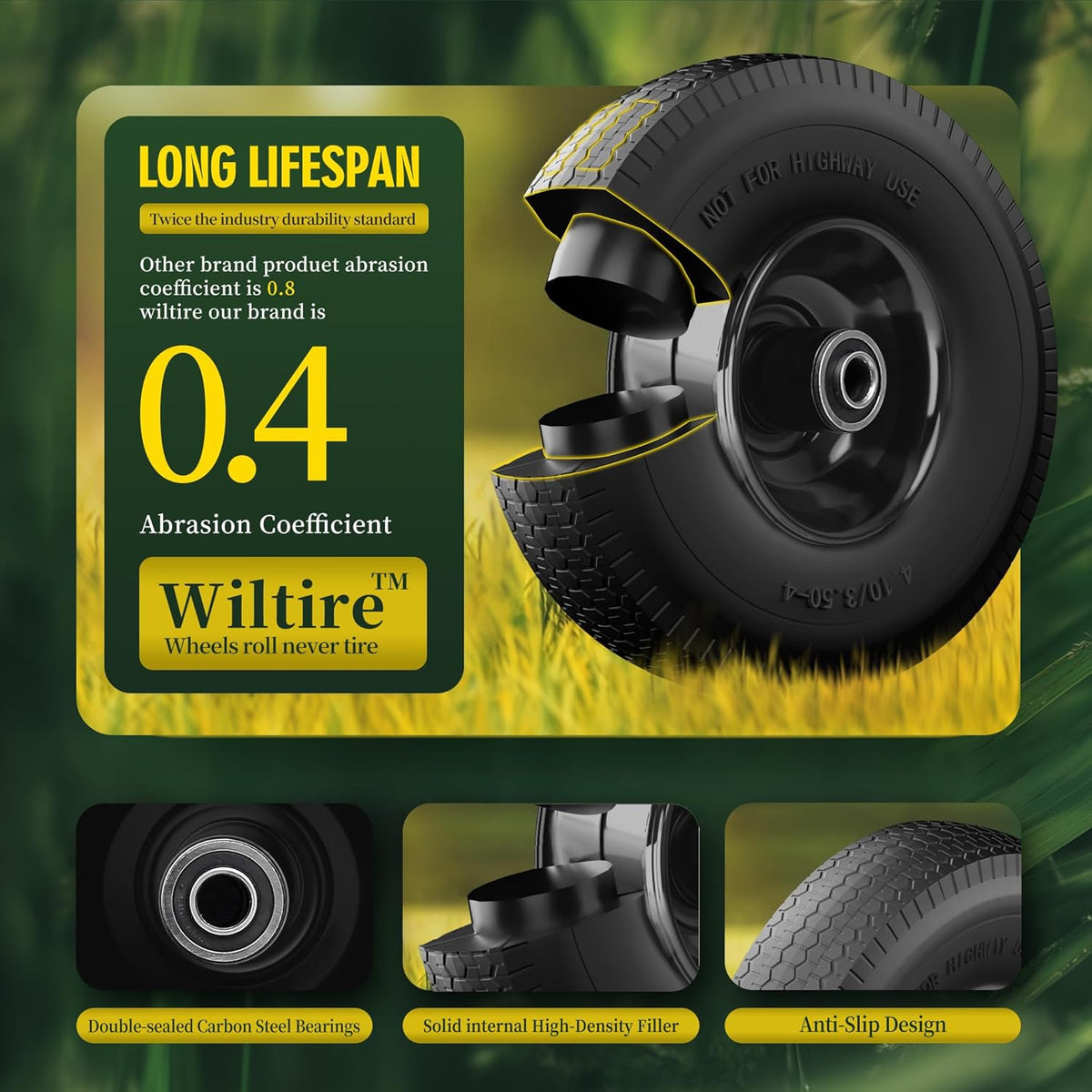 (2 Pack) 4.10/3.50-4 Flat Free Tire and Wheel 10-Inch Solid Wheel Replacement with 5/8 Extra 3/4