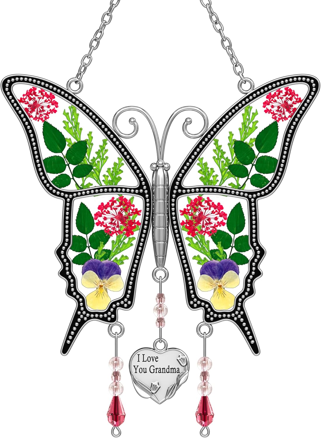 KY&BOSAM Butterfly Suncatcher I Love You Grandma Unique Grandma Gifts with Pressed Real Flower