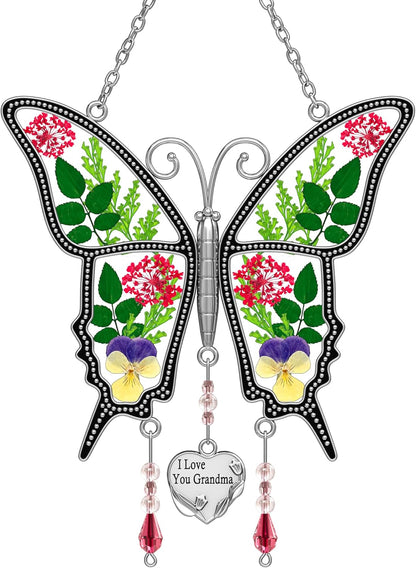 KY&BOSAM Butterfly Suncatcher I Love You Grandma Unique Grandma Gifts with Pressed Real Flower