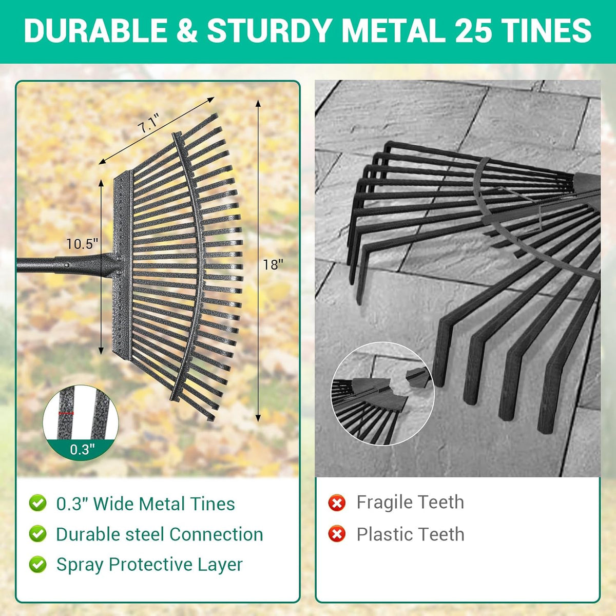 Adjustable Garden Rake for Leaves 36-73" Long Handle, 18" Wide, Heavy Duty with 25 Metal Tines