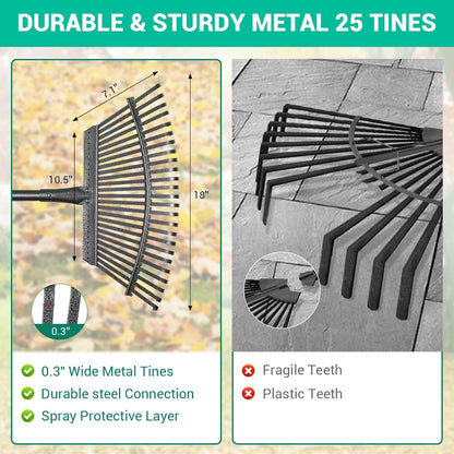 Adjustable Garden Rake for Leaves 36-73" Long Handle, 18" Wide, Heavy Duty with 25 Metal Tines
