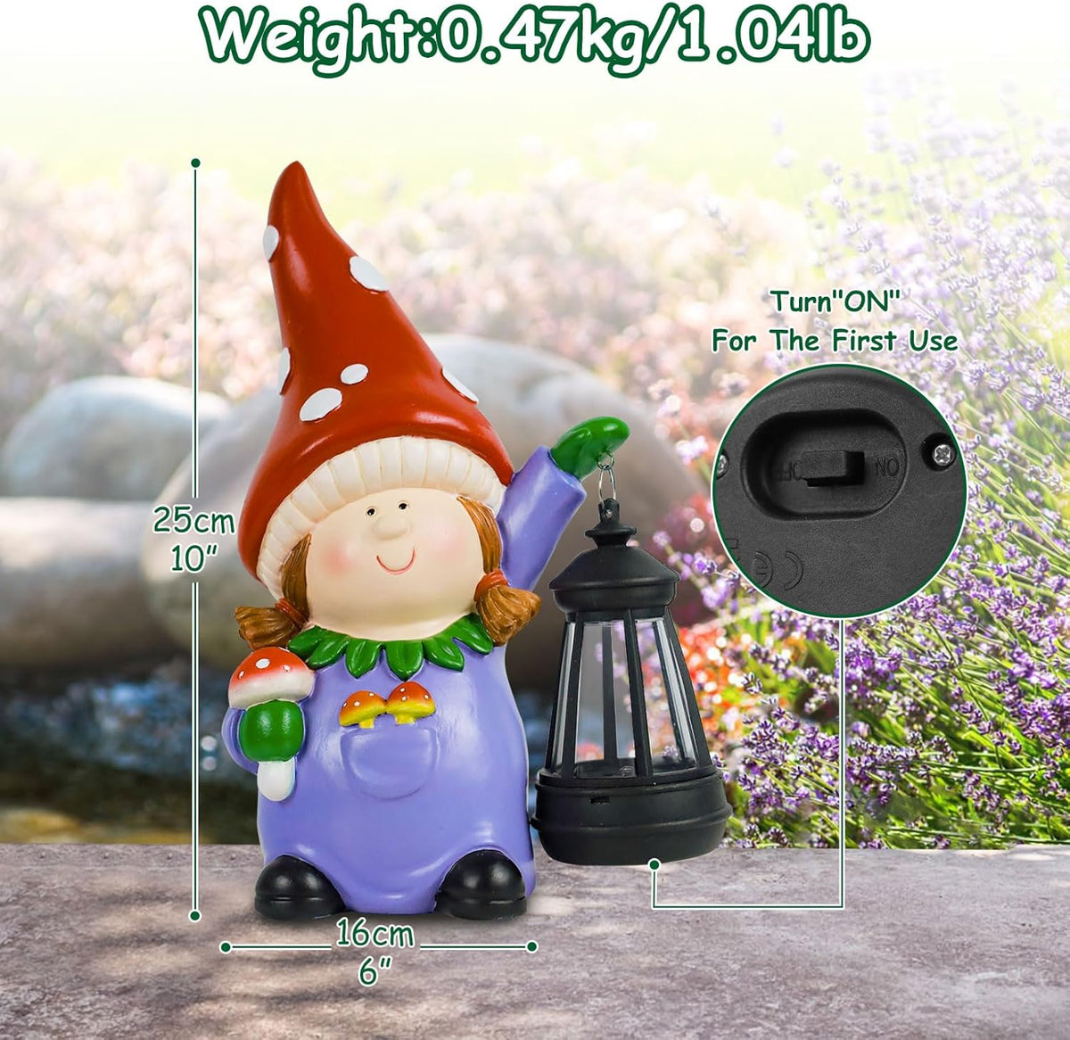 Gnome Statue Garden Ornaments Art Outdoor Decoration with Solar Powered LED Lights Decor for