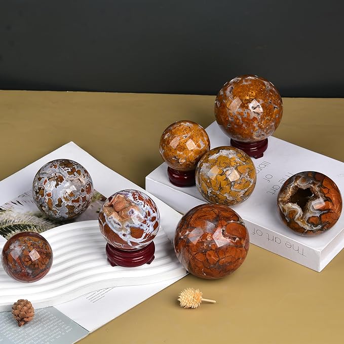 JIC Gem Natural Healing Crystal Sphere Ball Yellow Agate Crystal Decorative Ball with Display Stand