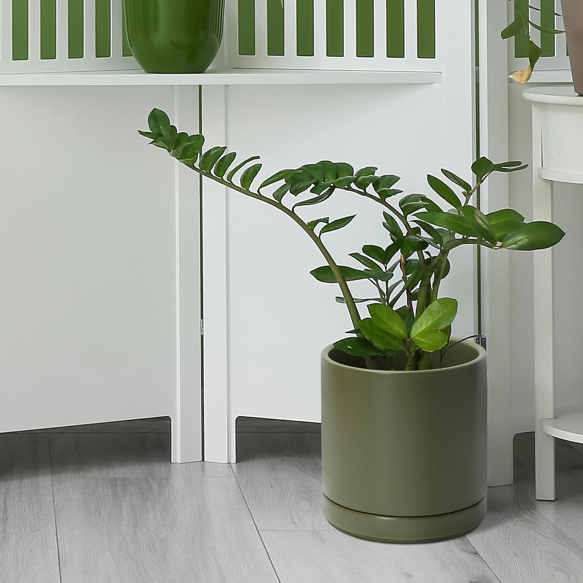 D'vine Dev 8.2 Inch Ceramic Planter Pot with Drainage Hole and Saucer, Indoor Cylinder Round