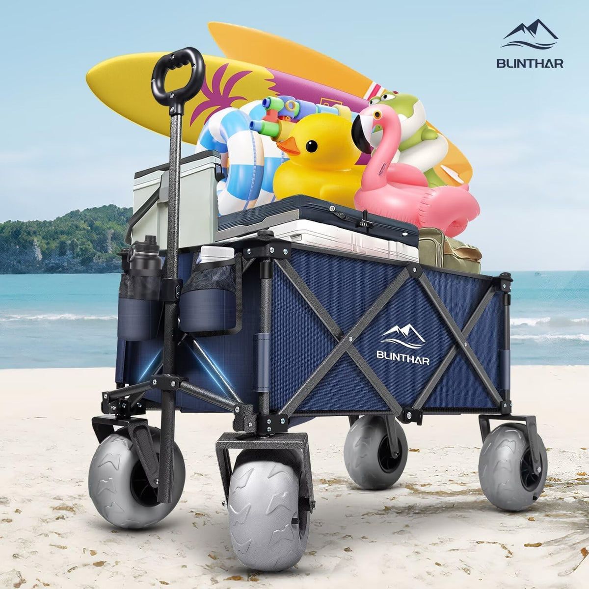Beach Wagon with Big Wheels for Sand, Heavy Duty Harder Sand Collapsible Folding Wagon with