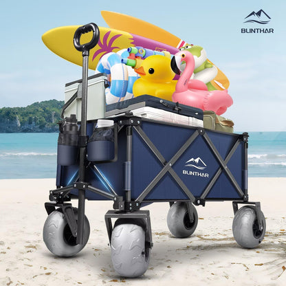 Beach Wagon with Big Wheels for Sand, Heavy Duty Harder Sand Collapsible Folding Wagon with