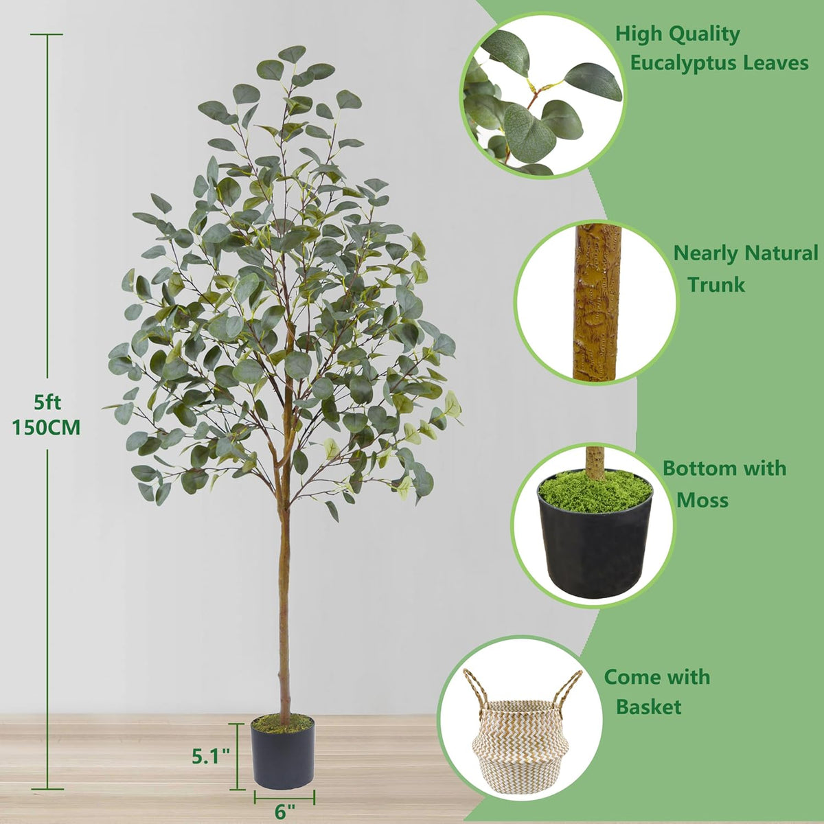 Artificial Eucalyptus Tree, 5ft Tall Mordern Fake Eucalyptus Plant with Basket, Green Silk Leaves