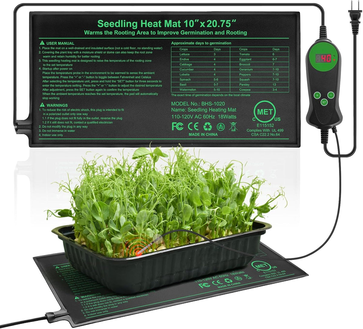 Seedling Heat Mat with Built-in Temperature Controller, 10" x 20.75" Waterproof Plant Heating Pad