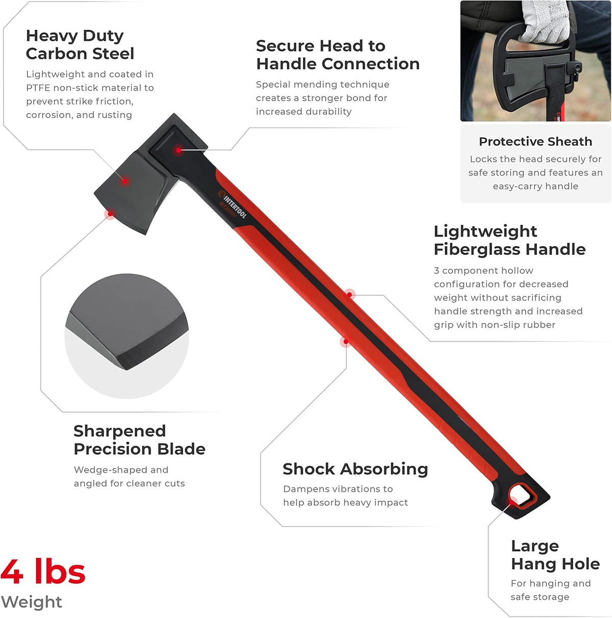 INTERTOOL 28” Chopping Axe, Tree Felling Ax Tool, Deeper Cuts, Wood Splitting, Kindling, Camp