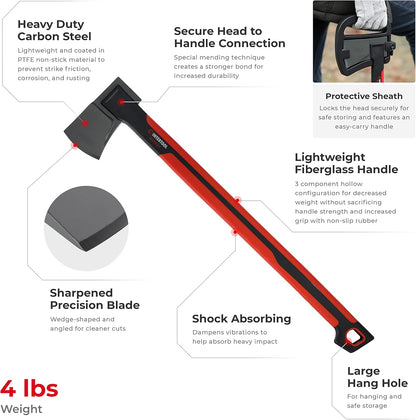 INTERTOOL 28” Chopping Axe, Tree Felling Ax Tool, Deeper Cuts, Wood Splitting, Kindling, Camp